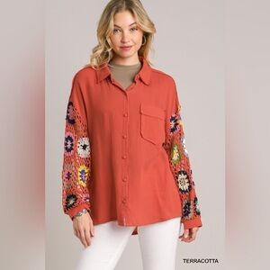 #005 Umgee Terracotta Button-Down Shirt with Crochet Sleeves